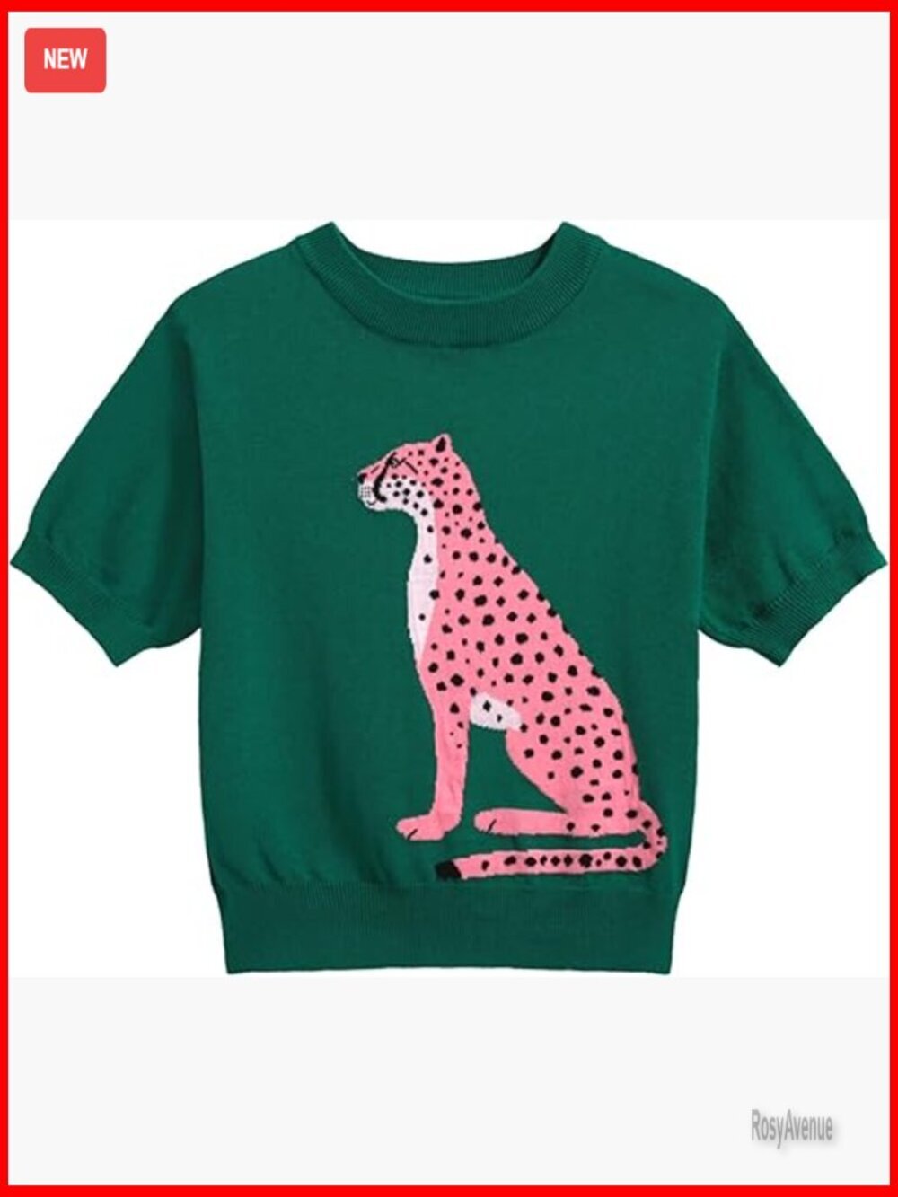 Retro Animal Print Knit Crop Top, 100% Cotton Short Sleeve Crewneck